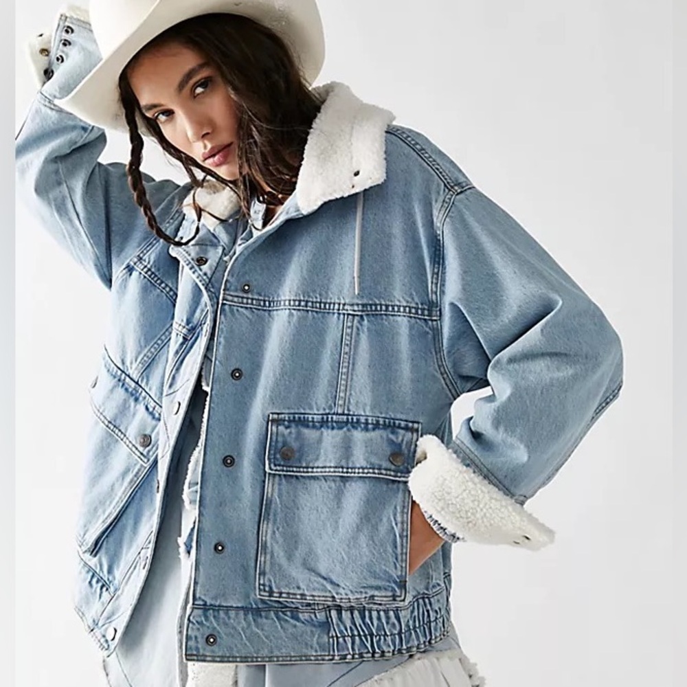 Free People Ariel Cozy Denim Bomber Jean Jacket - LARGE